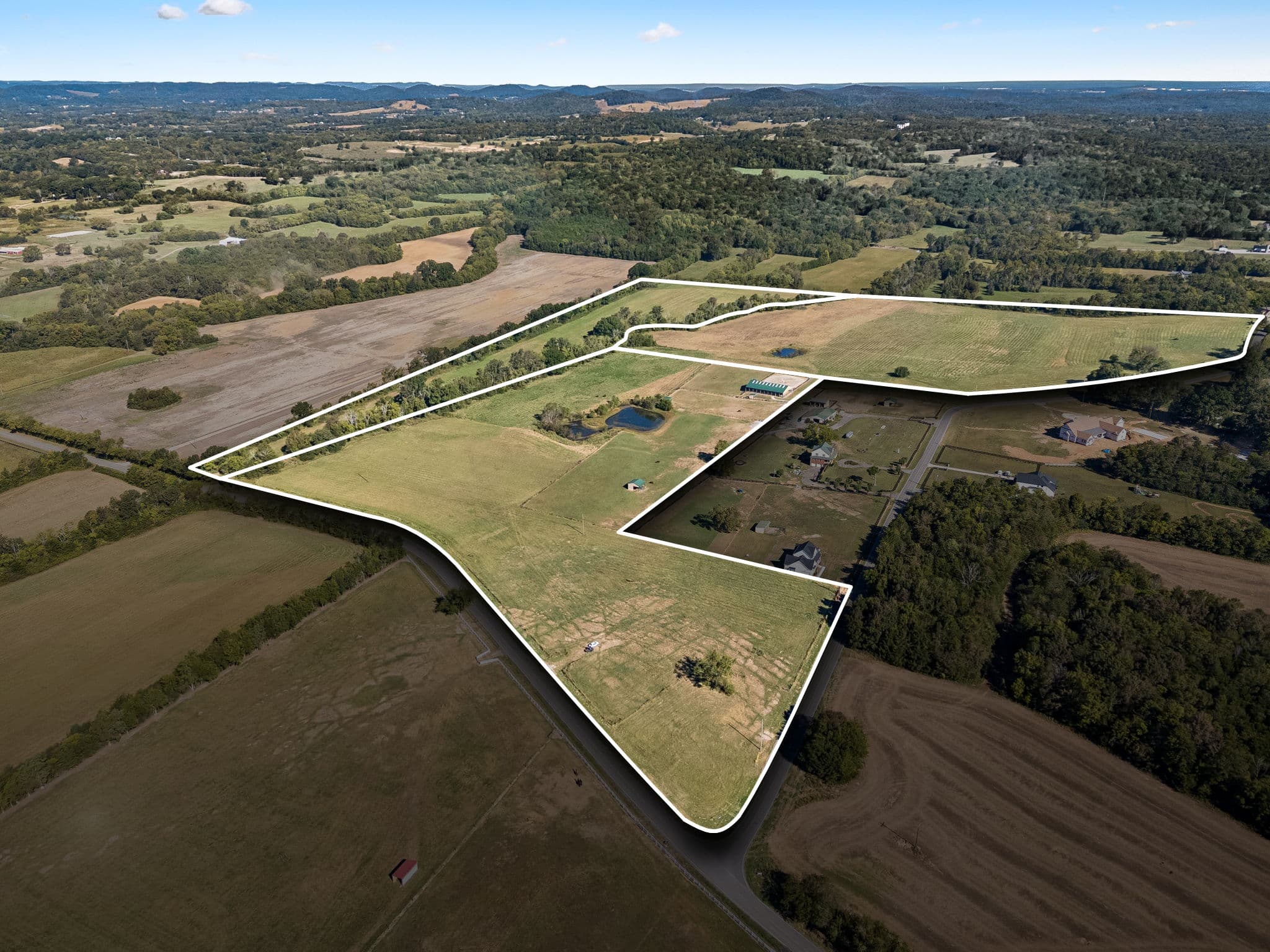 Aerial view of College Grove, Tennessee farmland with the boundaries of Tracts 1, 2, and 3 drawn in white